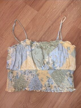 Cami Smocked Patchwork Crop Top - Pastel Yellow & Light Blue